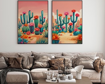 Set of 2 Vintage Cactus Wall Art, Cactus Poster, Western Mexico Wall Art,  Floral Vintage Poster, Latin Decor, Colourful Mexican Art Print