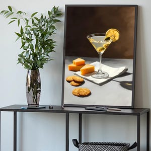 Plakat Vintage Martini i krakersy serowe, modna ściana kuchenna, dekoracja wózka barowego ze sztuką koktajlową, elegancki efekt farby olejnej