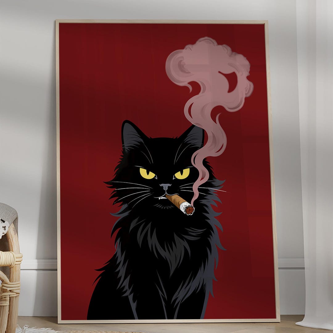 Japanese Black Cat Smoking, Poster, Red Wall Art, Bar Cart Decor, Funny Cat  Poster, Cat Smoking a Cigarette, Cat Wall Art