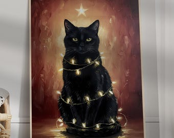 Arte mural navideño de gato negro con luces de hadas y estrella, acogedor cuadro navideño de gato, decoración invernal para el hogar, arte festivo de animales.
