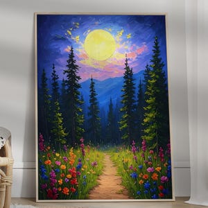 Moon Wildflowers and Woodland Art Poster, Full Moon Above Nature Oil Painting, Flowers and Trees, Mystical Midnight Enchanted Art