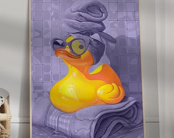 May include: A yellow rubber duck with sunglasses and a purple towel on a purple tiled background.