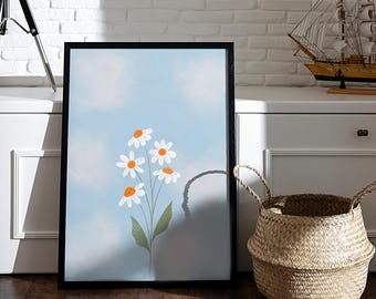 Arte mural de margaritas en tonos pastel, póster de margaritas, ilustración floral, decoración de habitación infantil, póster botánico, arte bohemio floral.