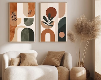 Lot de 2 oeuvres d'art murales abstraites modernes neutres pour galeries d'art nordiques, art abstrait moderne imprimable Japandi marron vert