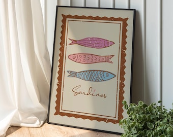 Poster retrò di sardine, francobolli d'epoca, poster di pesci, arte murale retrò per la cucina, opere d'arte di pesce alla moda, sardine in scatola, decorazioni da pescatore