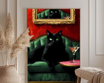 マティーニを持つ黒猫のアートプリント、面白いカクテルポスター、キュートで風変わりな気まぐれなカクテルアートバーカートの装飾、ファインアートプリントギフト