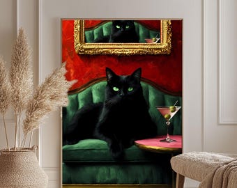 Black Cat with Martini Art Poster, Funny Cocktail Poster, Cute Quirky Whimsical, Cocktail Art Bar Cart Decor, Fine Art Gift, Maximalist Home