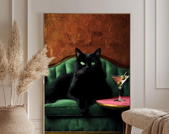 マティーニを持つ黒猫のアートプリント、面白いカクテルポスター、キュートで風変わりな気まぐれなカクテルアートバーカートの装飾、ファインアートプリントギフト