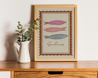 Poster retrò di sardine, francobolli d'epoca, poster di pesci, arte murale retrò per la cucina, opere d'arte di pesce alla moda, sardine in scatola, decorazioni da pescatore