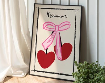 Miamor Cherry Wall Art Print, Printable Feminine Poster, Coquette Pink Bow Soft Girl Bedroom Decor, Trendy Wall Art