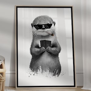 Impresión divertida de cartas de nutria, decoración de sala de juegos, arte de pared con cartas de as, impresión digital, póster elegante para amantes de los animales y estética de casino