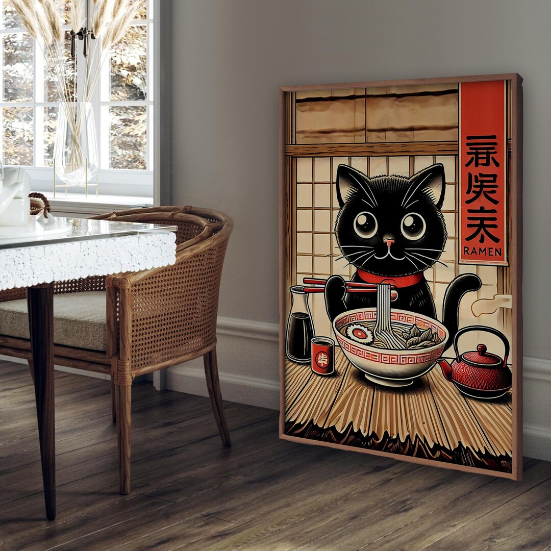 Japan Noodle Black Cat Poster, Ramen Lover Wall Art, Japanese Print ...
