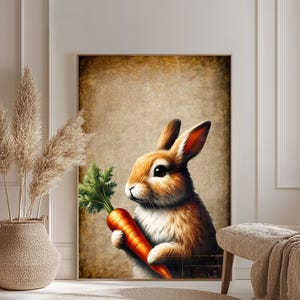 Vintage Easter Bunny Poster, Flower Style, Oil Paint Effect, Modern Retro Poster, Flower Wall Art, Home Decor
