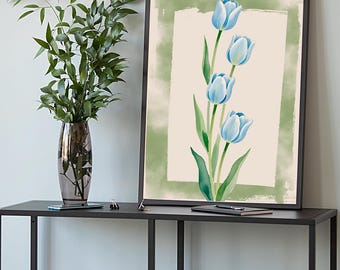 Blue & Green Tulip Floral Wall Art, Minimalist Flower Artwork, Modern Southern Botanical Print, Grandmillennial, Elegant Chinoiserie Decor