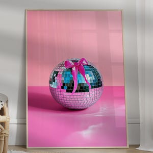 Pink Coquette Disco Ball Art, Trendy Girly Wall Art, Silver Mirror Ball Poster, Modern Home Decor, Preppy Wall Art