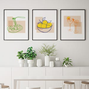 Hand Drawn Kitchen Print Set of 3, Pasta Lover, Cocktail Drinks, Kitchen Printable Art, Line Art Poster