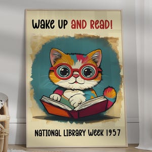 Süße Katze Poster, Nationalbibliothek Wandkunst, Katzen Poster, Wanddekor, Lesewandkunst, Klassenzimmer Dekor