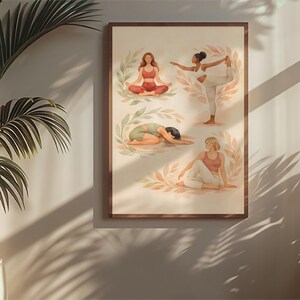 May include: A framed print featuring watercolor illustrations of yoga poses. The artwork depicts four figures in various yoga positions, surrounded by leafy green and orange accents. The figures are dressed in activewear in shades of red, white, and green.