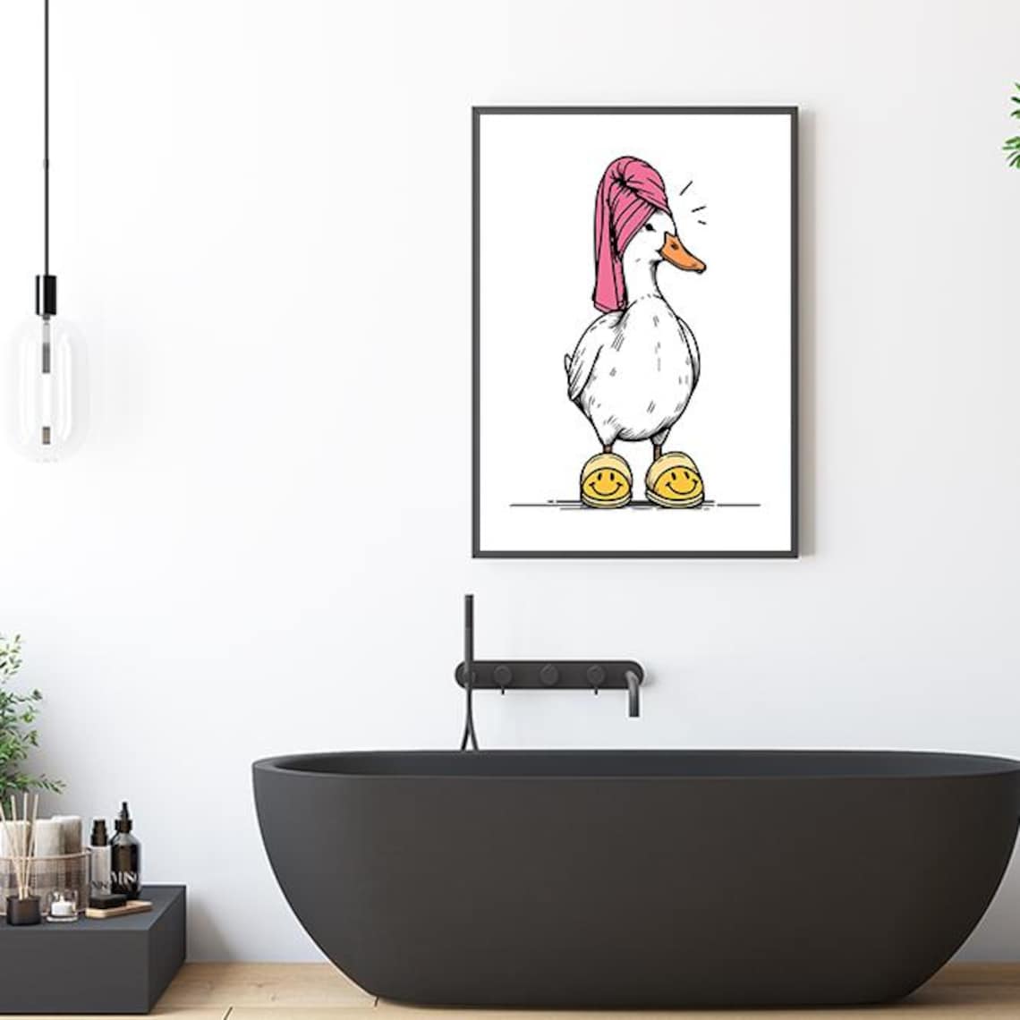 Cute Bathroom Duck Poster, Pink Retro Wall Art, Duck in Head Towel ...