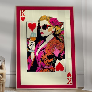 Carta da gioco Regina di cuori, poster trendy Asso di cuori, arte murale retrò con carte da gioco, decorazione per carrello bar