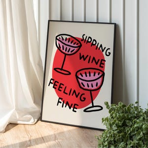 Nippen van wijn gevoel fijne poster, barwagen kunst, retro cocktailposter, handgetekende wijnkunst, vintage wijnprint, cheersprint, moderne keukenkunst