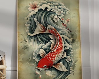 Japanese Poster Koi Fish Print Gallery Wall Decor Vintage Japanese Print For Wall Printable Painting Aesthetic Trendy Painting Japandi Art