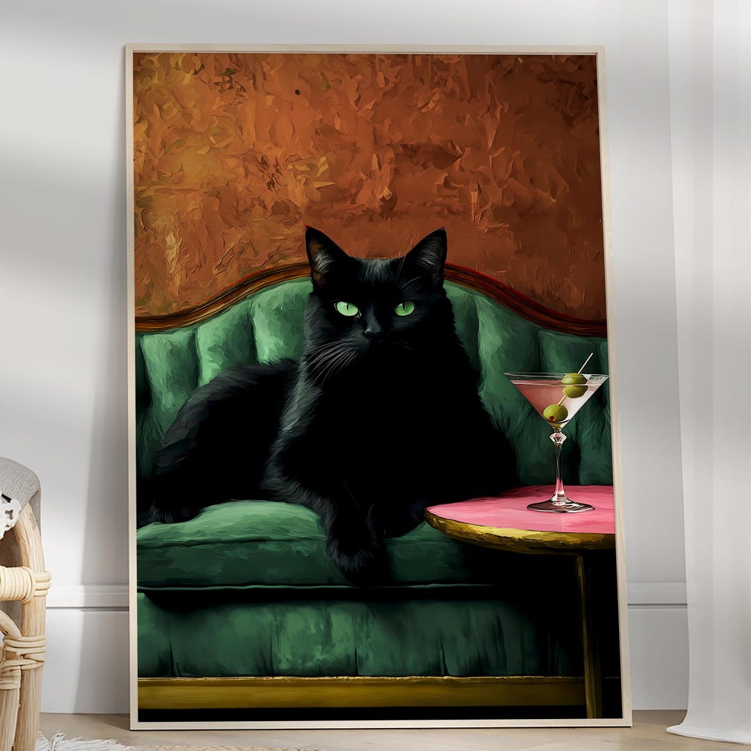 Black Cat With Martini Art Poster, Funny Cocktail Poster, Cute Quirky ...