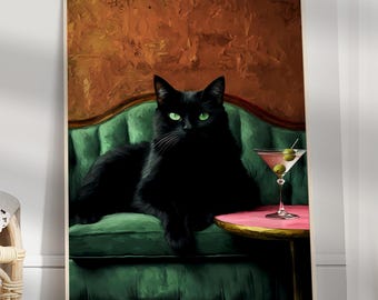 Black Cat with Martini Art Poster, Funny Cocktail Poster, Cute Quirky Whimsical, Cocktail Art Bar Cart Decor, Fine Art Gift
