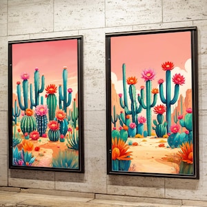 Set of 2 Vintage Cactus Wall Art, Cactus Poster, Western Mexico Wall Art,  Floral Vintage Poster, Latin Decor, Colourful Mexican Art Print