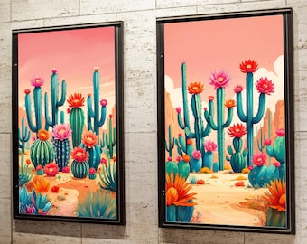 Set of 2 Vintage Cactus Wall Art, Cactus Poster, Western Mexico Wall Art,  Floral Vintage Poster, Latin Decor, Colourful Mexican Art Print