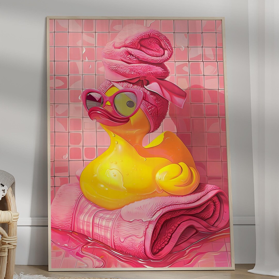 Cute Bathroom Duck Print, Pink Retro Wall Art, Duck in Head Towel ...