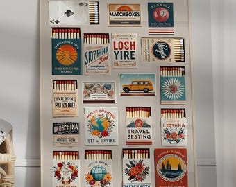 Vintage Matchbook Prints, Retro Matchbox Decor, Printable Wall Art, Living Room Wall Art, Hotel Decor, Aesthetic Poster, Digital Print