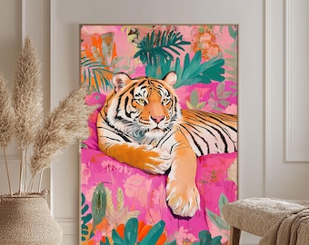 Art mural tigre maximaliste endormi, impression d'art tigre, décoration murale jungle, décoration murale maximaliste, décoration de salon, téléchargement numérique