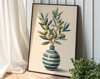 Olive Branch Wall Art, Modern Mediterranean Vase Poster, Minimalist Botanical Home Decor, Green Olive Tree Illustration, Kitchen & Living Ro