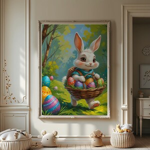 Forest Easter Bunny Poster, Flower Style, Oil Paint Effect, Kids Room Poster, Flower Wall Art, Nursery Decor