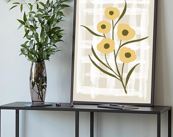 Póster de mercado de flores bohemio, arte mural de flores vintage verdes y amarillas, arte para sala de estar, decoración artística con flores bonitas, impresión botánica abstracta