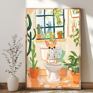 Dog Pet Portrait, Dog Bathroom Art, Funny Bathroom Poster, Dog in Toilet, Dog Reading Newspaper on Toilet, Pet Owner Gift, Toilet Wall Art