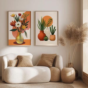 Juego de 2 pósteres de jarrones con flores, decoración minimalista moderna para el hogar, ramo bohemio, arte de pared de galería, pinturas florales, impresión digital