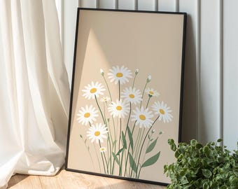 Arte mural de margaritas color crema pastel, póster de margaritas, ilustración floral encantadora, decoración de habitación infantil, póster botánico, arte bohemio floral