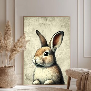 Vintage Easter Bunny Poster, Flower Style, Oil Paint Effect, Modern Retro Print, Flower Wall Art, Digital Download for Home Decor
