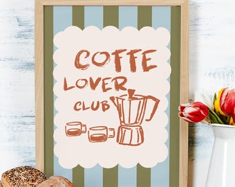 Coffee Lover Club Poster, Moka Pot Coffee Wall Art, Coffee Bar Wall Art, Trendy Kitchen Print, Hand Drawn Art, Retro Espresso Caffe Poster