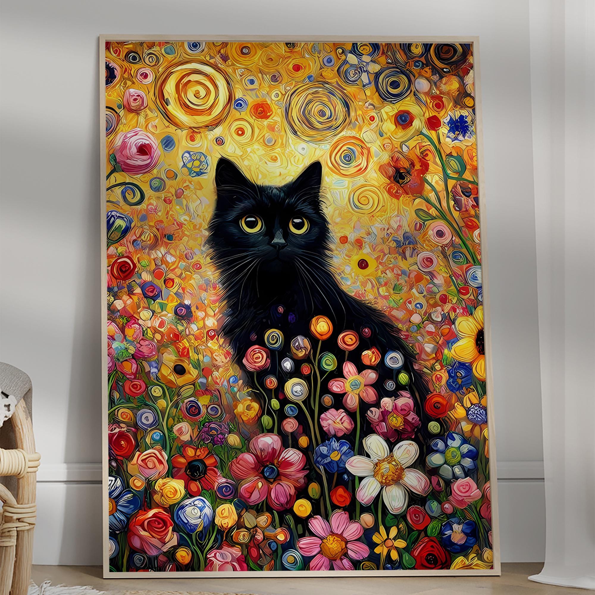 Gustav Klimt tuinkat poster, Klimt bloemen aquarel kunst, minimalistische muurkunst, bloemen, grappige kat illustratie, Japanse zwarte kat poster