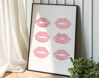 Kiss Lips Wall Art, Pink Kisses Print, Retro Lips Poster, Trendy Wall Art, Girly Poster, Feminine Poster, Cute Funky Apartment Aesthetic