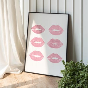 Kiss Lips Wall Art, Pink Kisses Print, Retro Lips Poster, Trendy Wall Art, Girly Print, Feminine Digital Poster, Funky Apartment Aesthetic