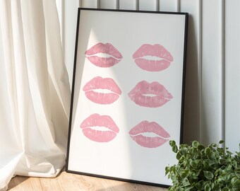 Kiss Lips Wall Art, Pink Kisses Print, Retro Lips Poster, Trendy Wall Art, Girly Print, Feminine Digital Poster, Funky Apartment Aesthetic