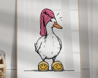 Leuke print badkamer eend, roze retro kunst aan de muur, eend in hoofd handdoek, preppy decor slaapzaal, grappige badkamer print, it-girl poster, digitale print