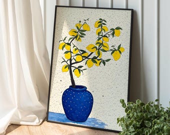 Vintage Lemon Tree Wall Art, Italian Lemon Print, Boho, Botanical Poster,Lemons Painting Farm House Decor, Italian Summer Lemon Poster Print