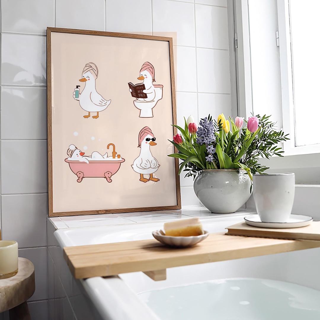 Cute Bathroom Duck Poster, Pink Retro Wall Art, Duck in Head Towel ...