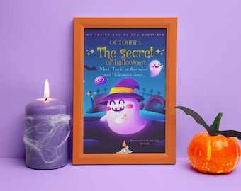 Könnte beinhalten: Ein gerahmtes Halloween-Poster mit orangefarbenem Rahmen, einer brennenden lila Kerze und einem kleinen orangefarbenen Kürbis mit fledermausförmigem Blatt. Das Poster zeigt einen Cartoon-Geist mit Hexenhut und dem Text "The secret of halloween".