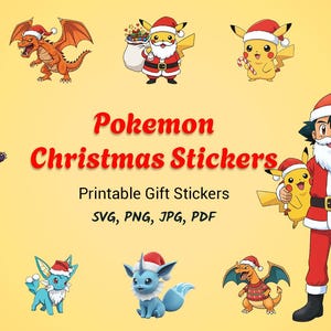 May include: A collection of colorful Pokemon Christmas stickers featuring various characters in festive attire. The image includes the text "Pokemon Christmas Stickers" and "Printable Gift Stickers".